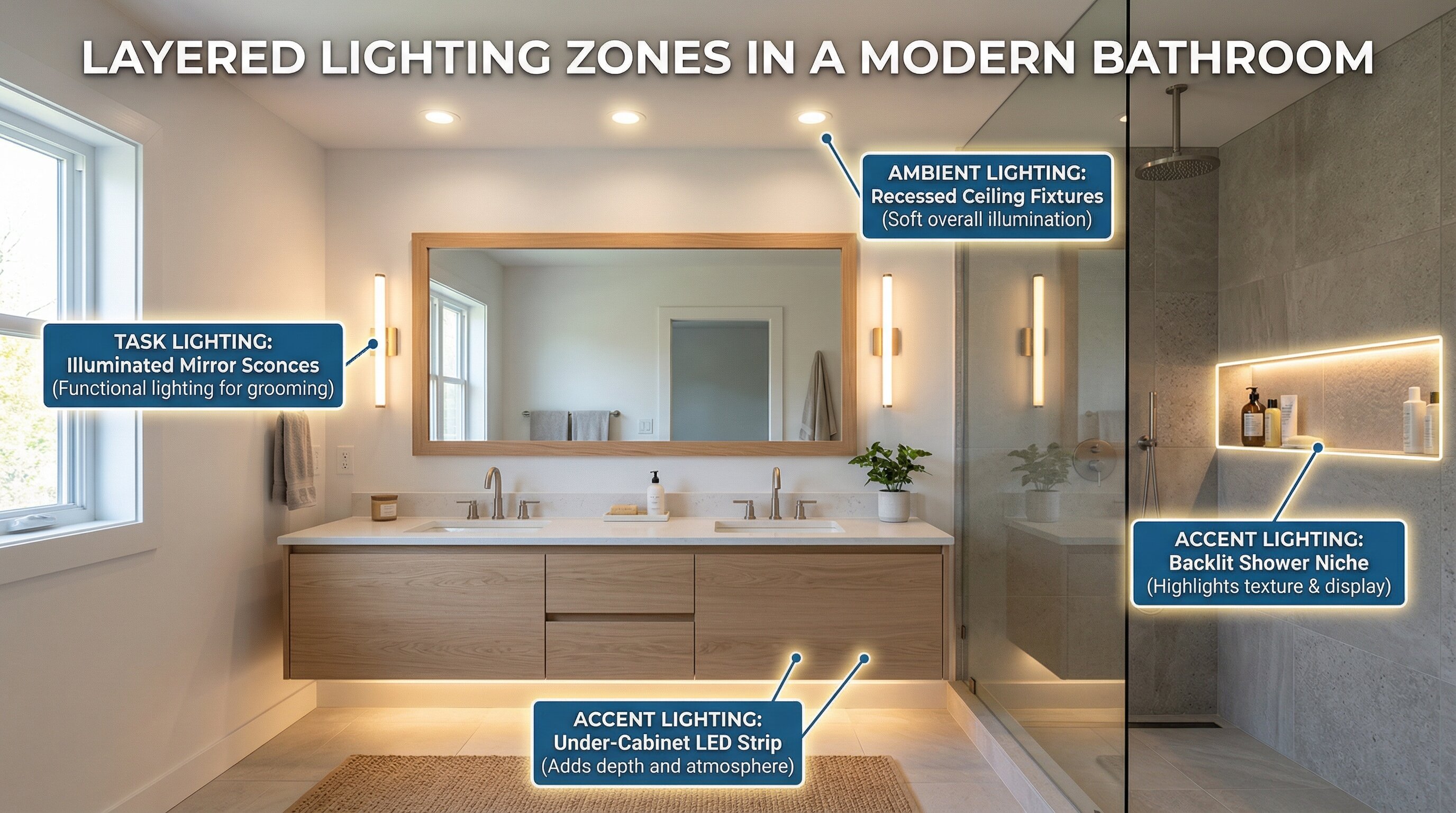 Modern Bathroom layered lighting demonstration