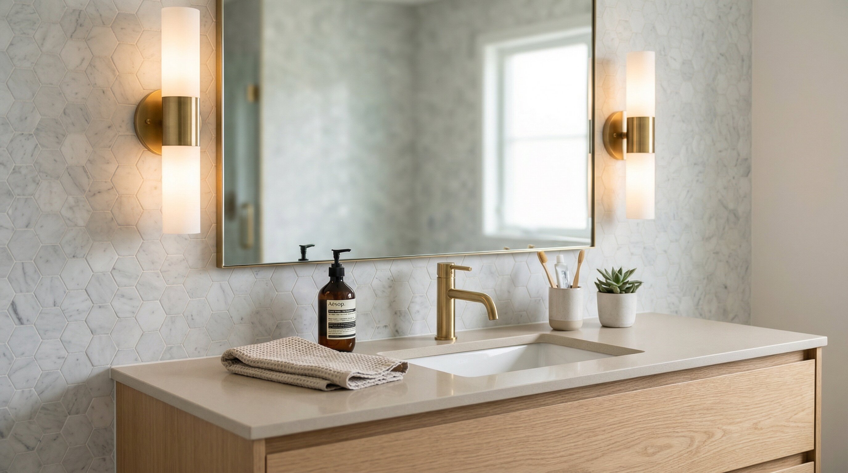 Close-up bathroom vanity with task lighting
