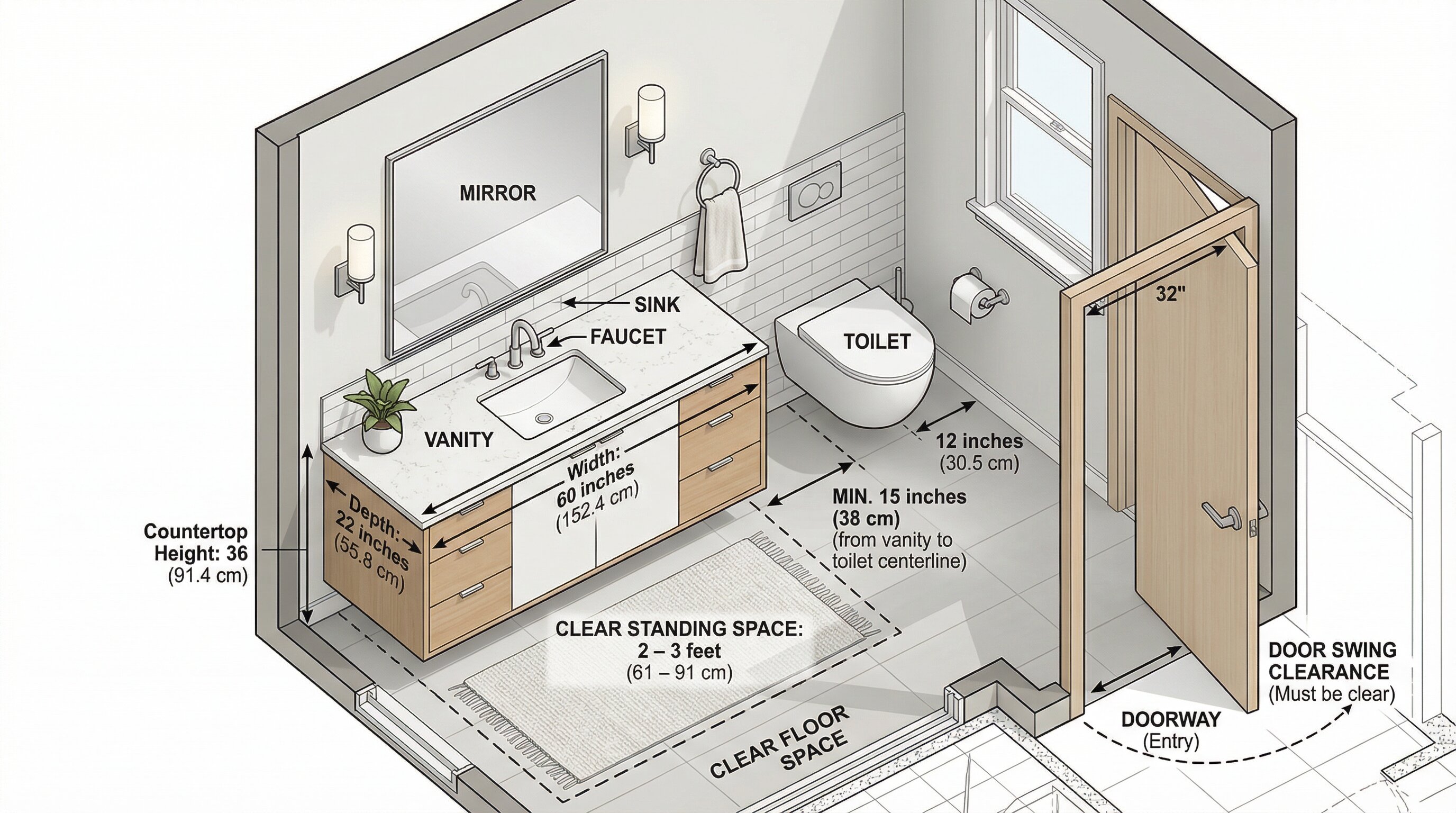 Bathroom layout illustration of vanity Placement
