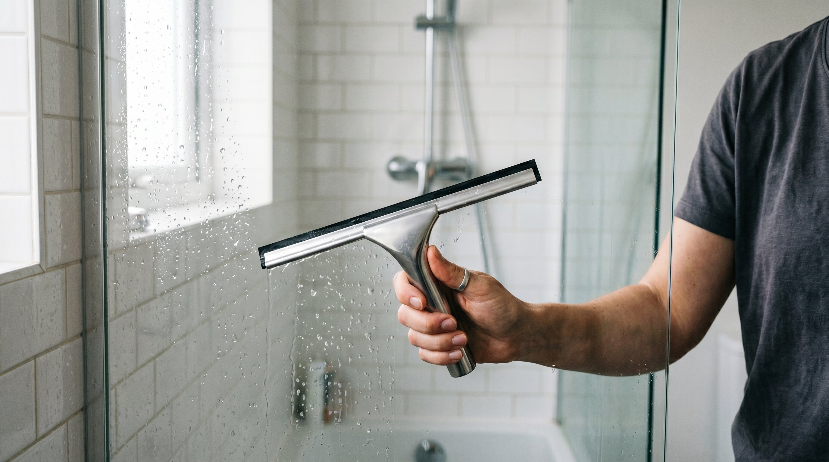 Wiping down shower door