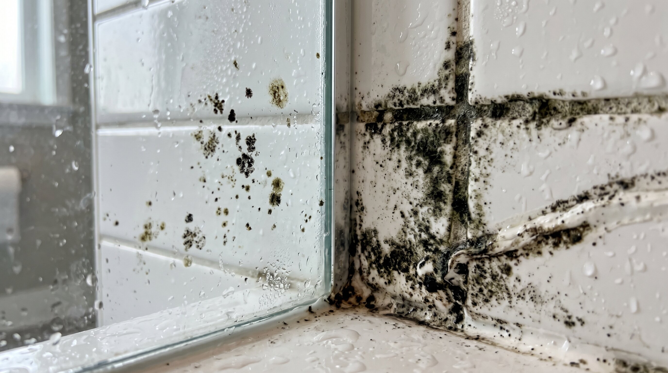 close-up comparison of bathroom surfaces affected by mold