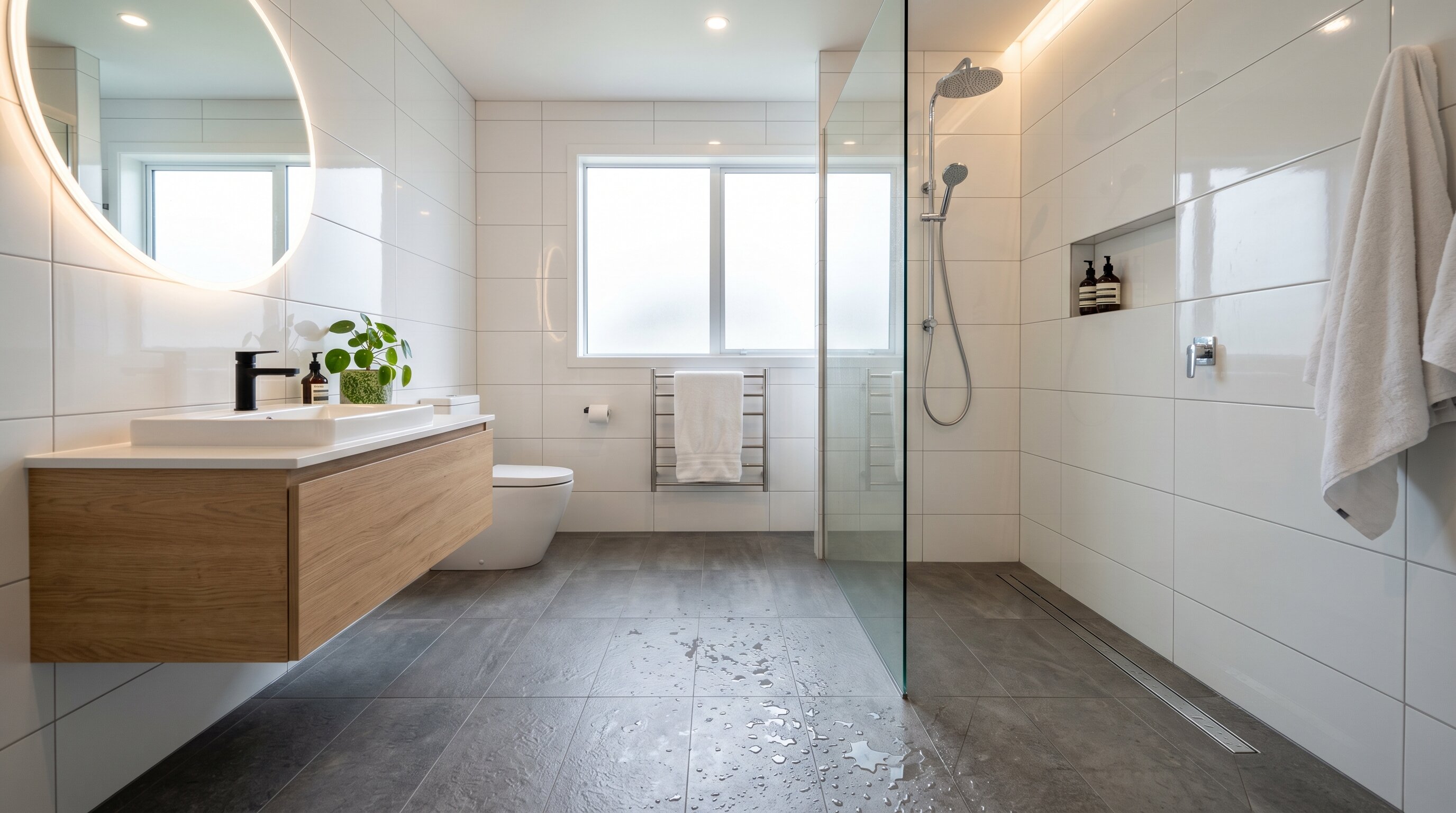 Modern bathroom with glossy and matte tiles