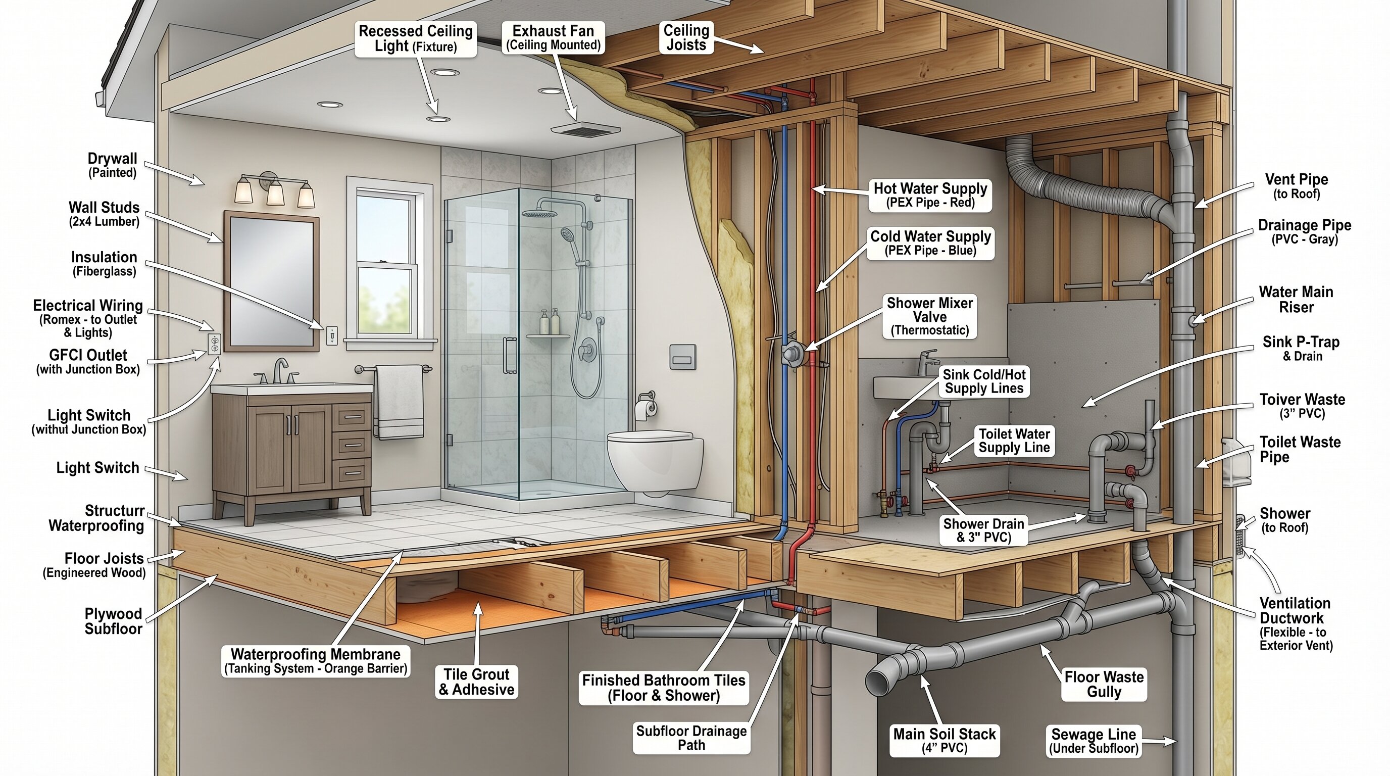 Diagram of a bathroom showing internal systems