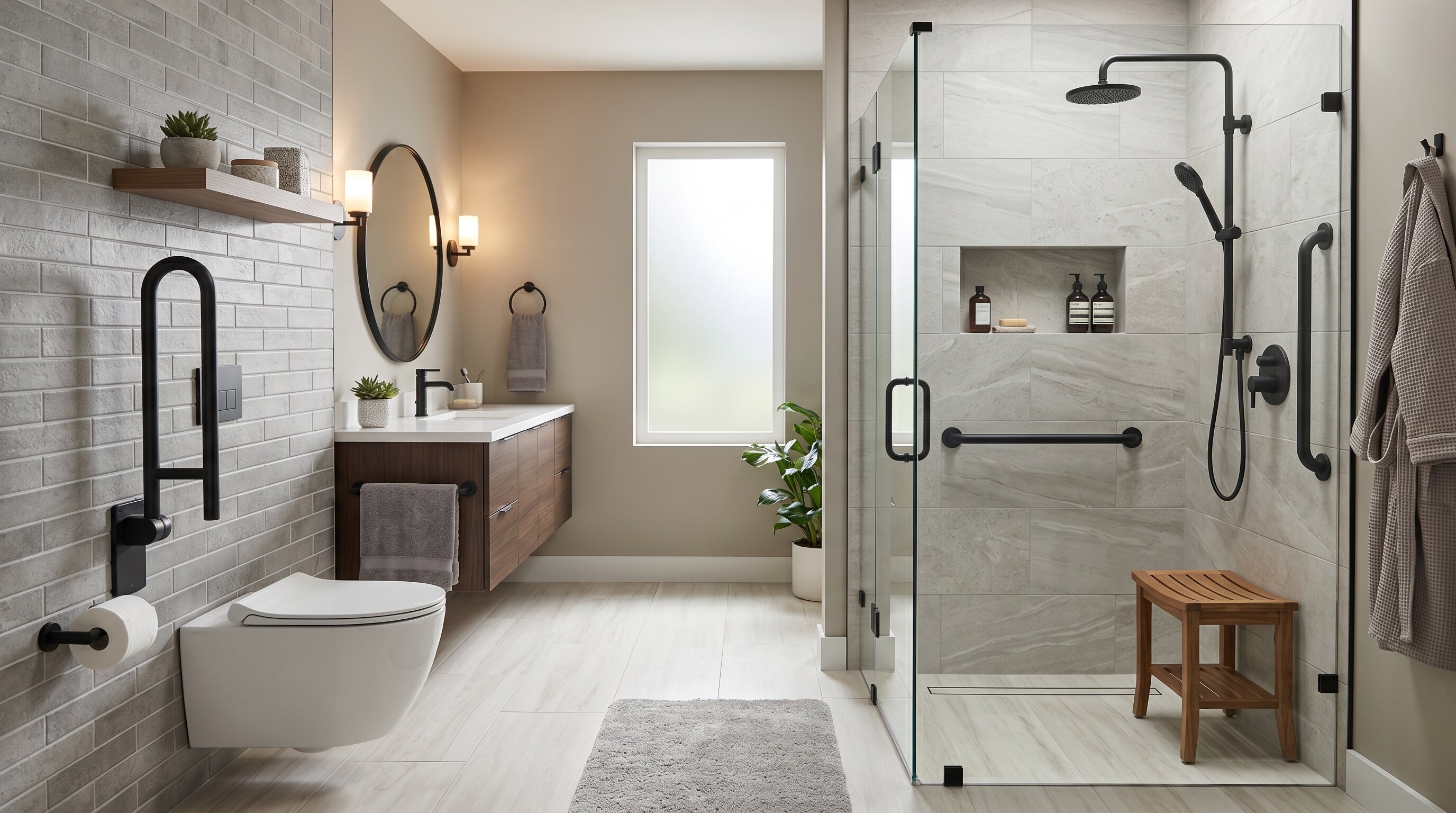 Grab bars integrated near a toilet and inside a shower