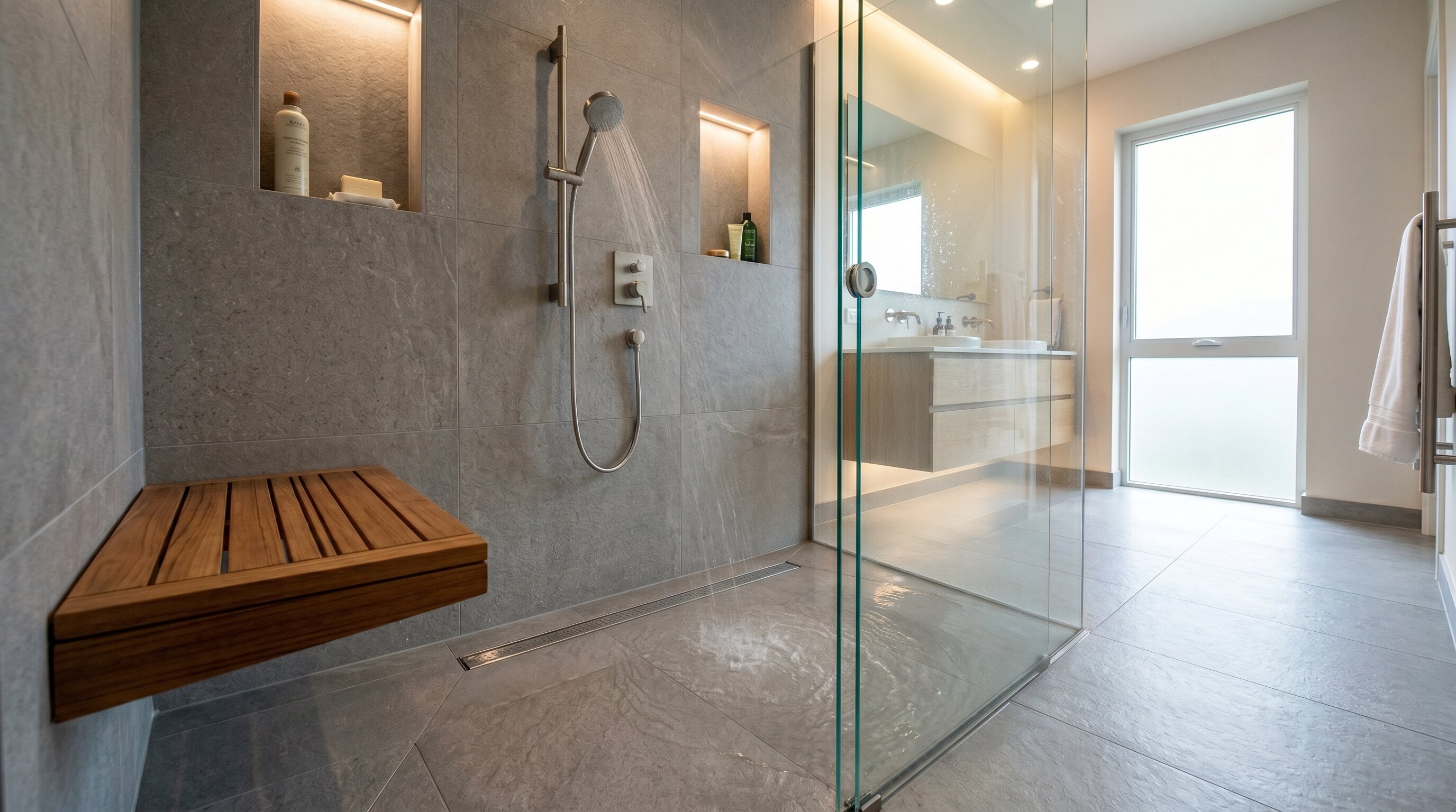 Curbless walk-in shower with seamless floor 