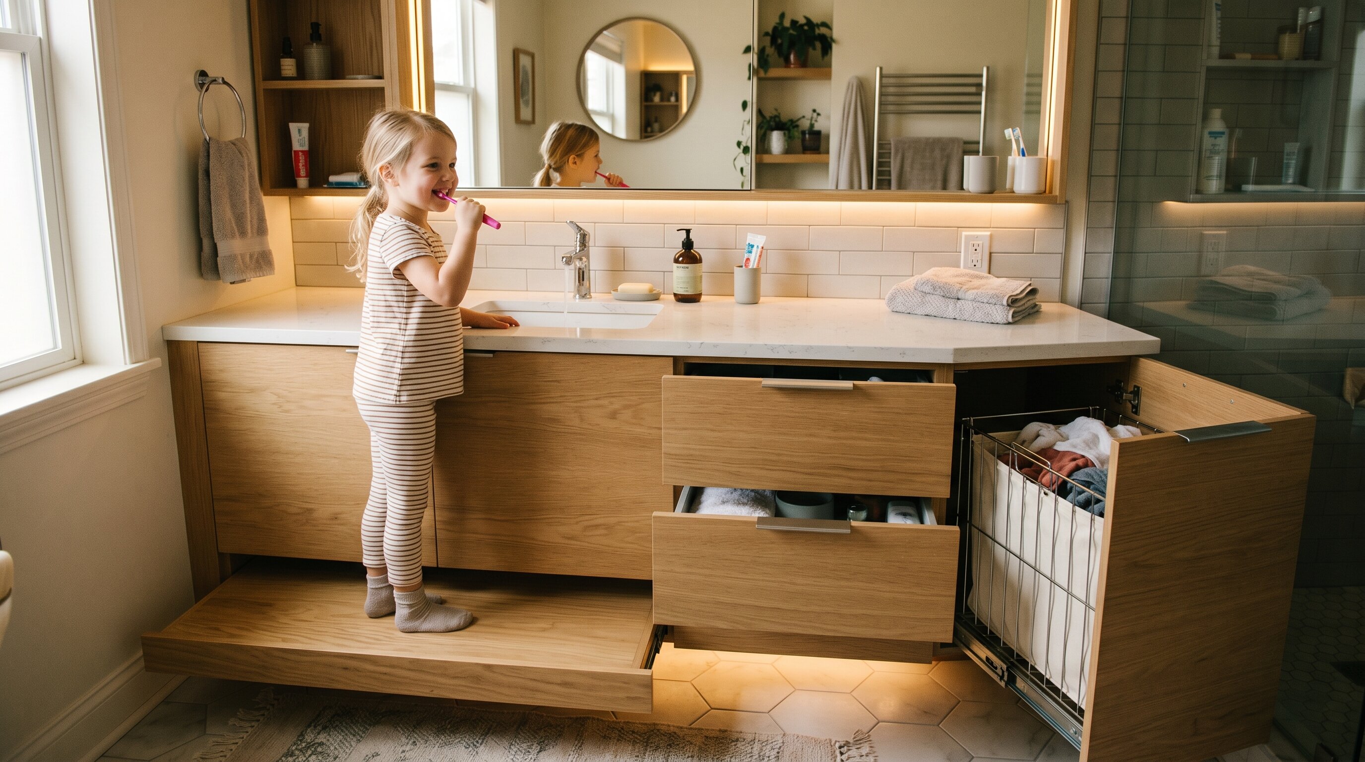 Modern bathroom vanity with a built-in pull-out 