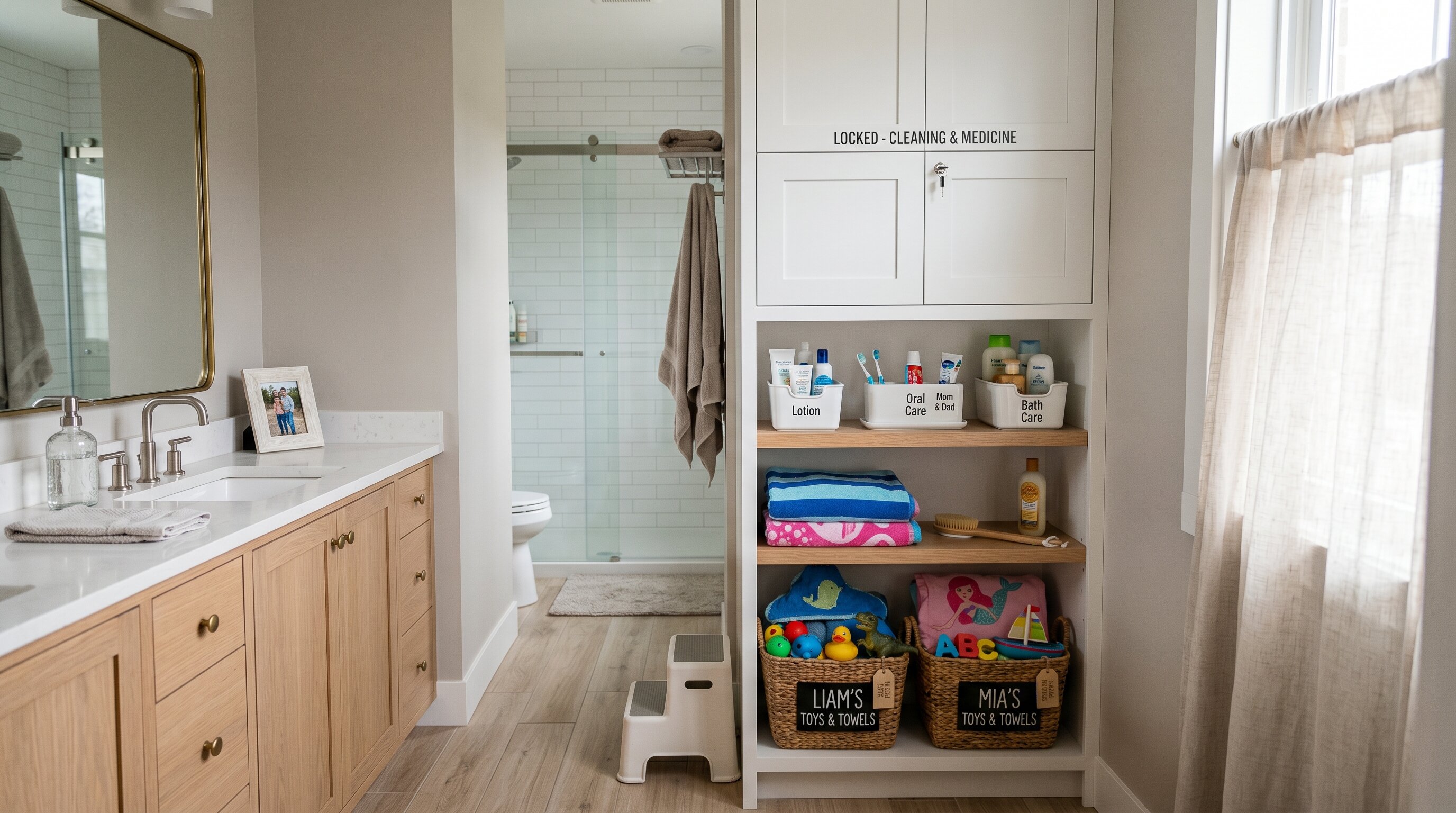 Family bathroom storage setup