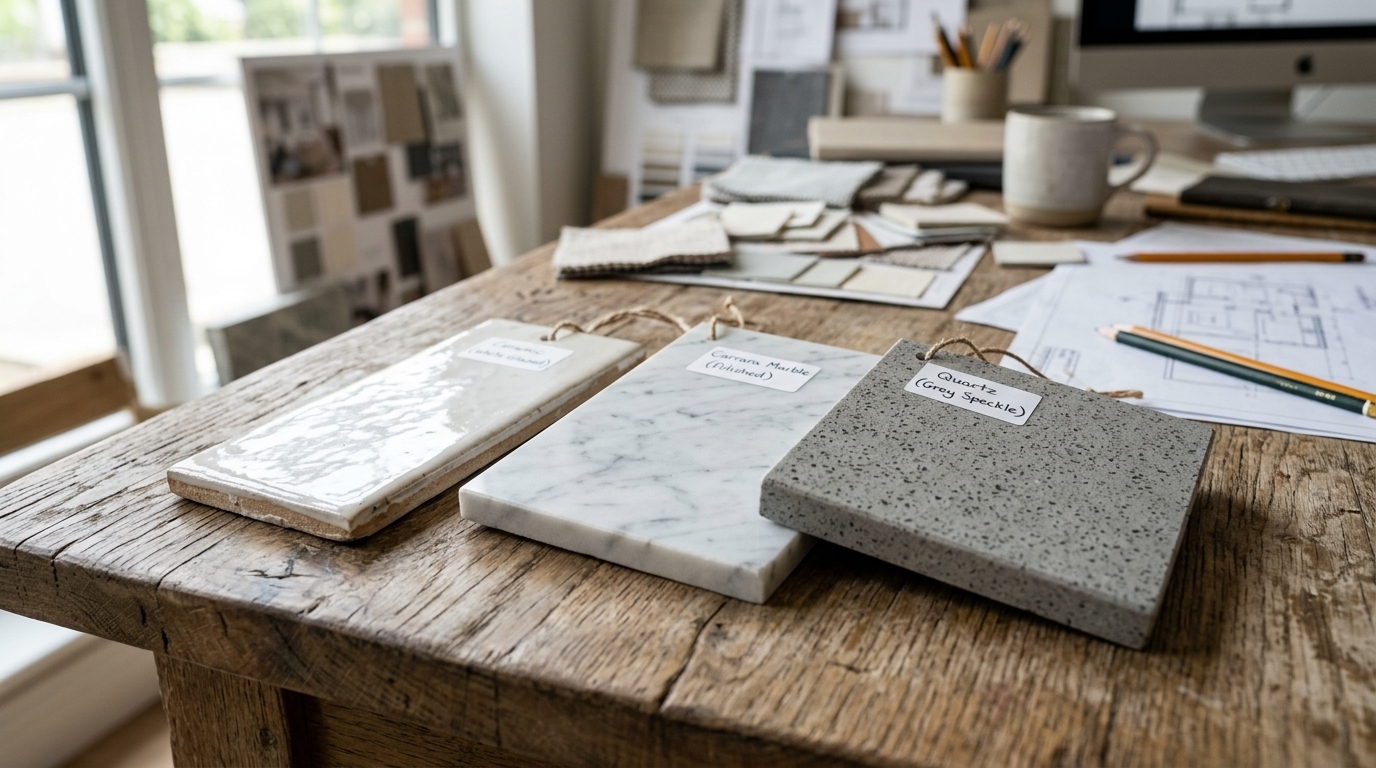 Close-up comparison of bathroom materials