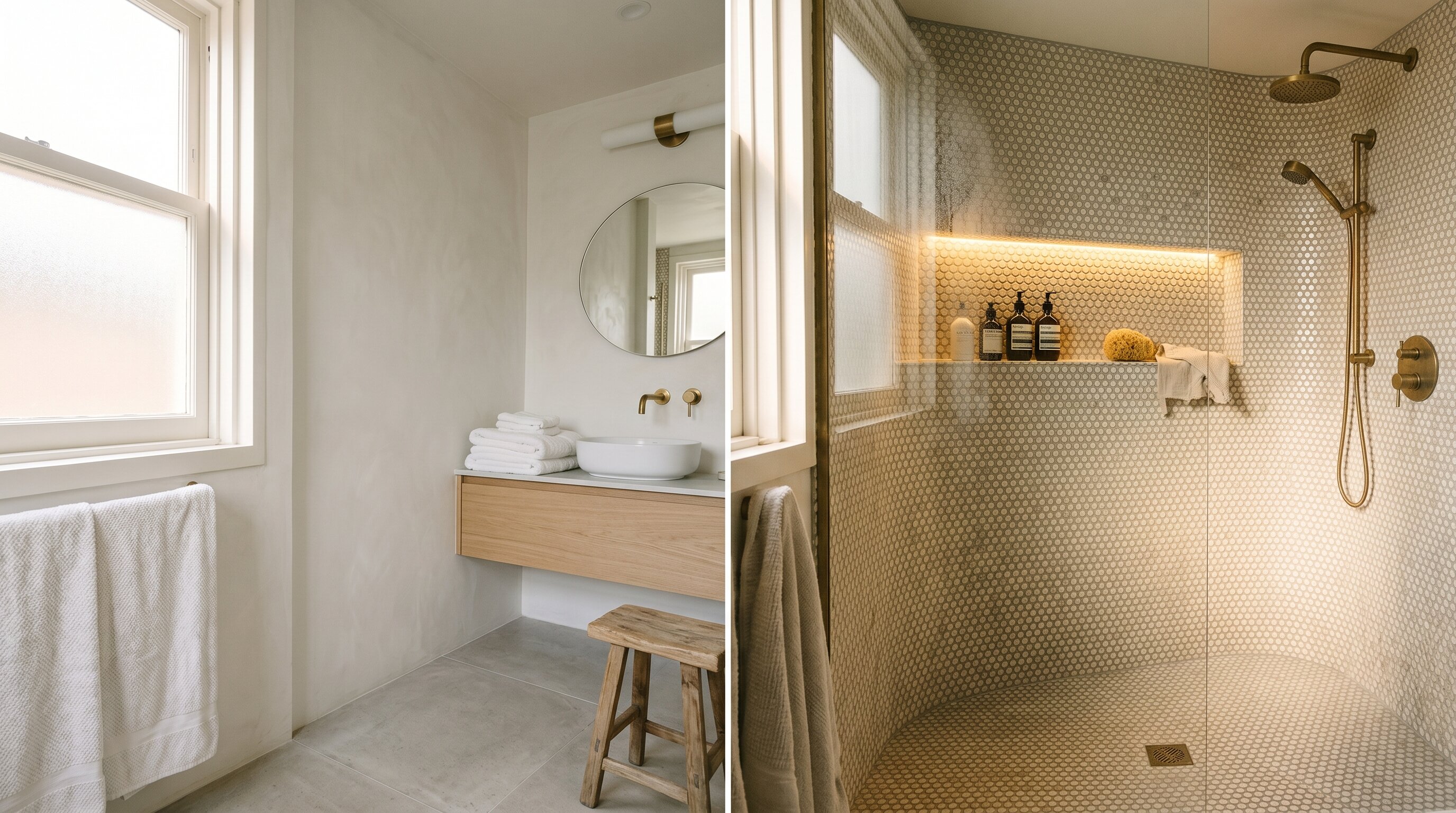 shower interior wrapped in small mosaic tiles