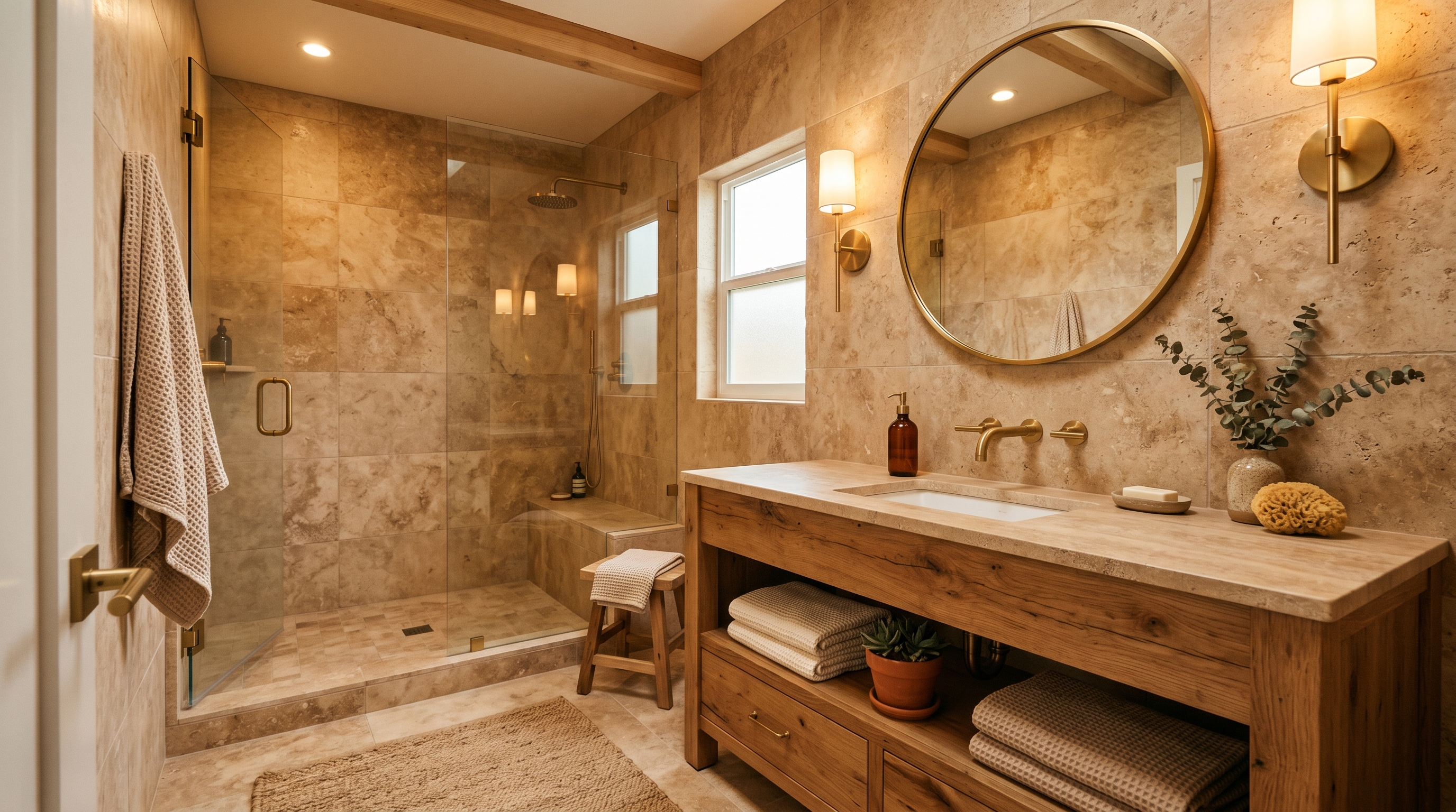 Bathroom fully covered in warm terracotta Tiles