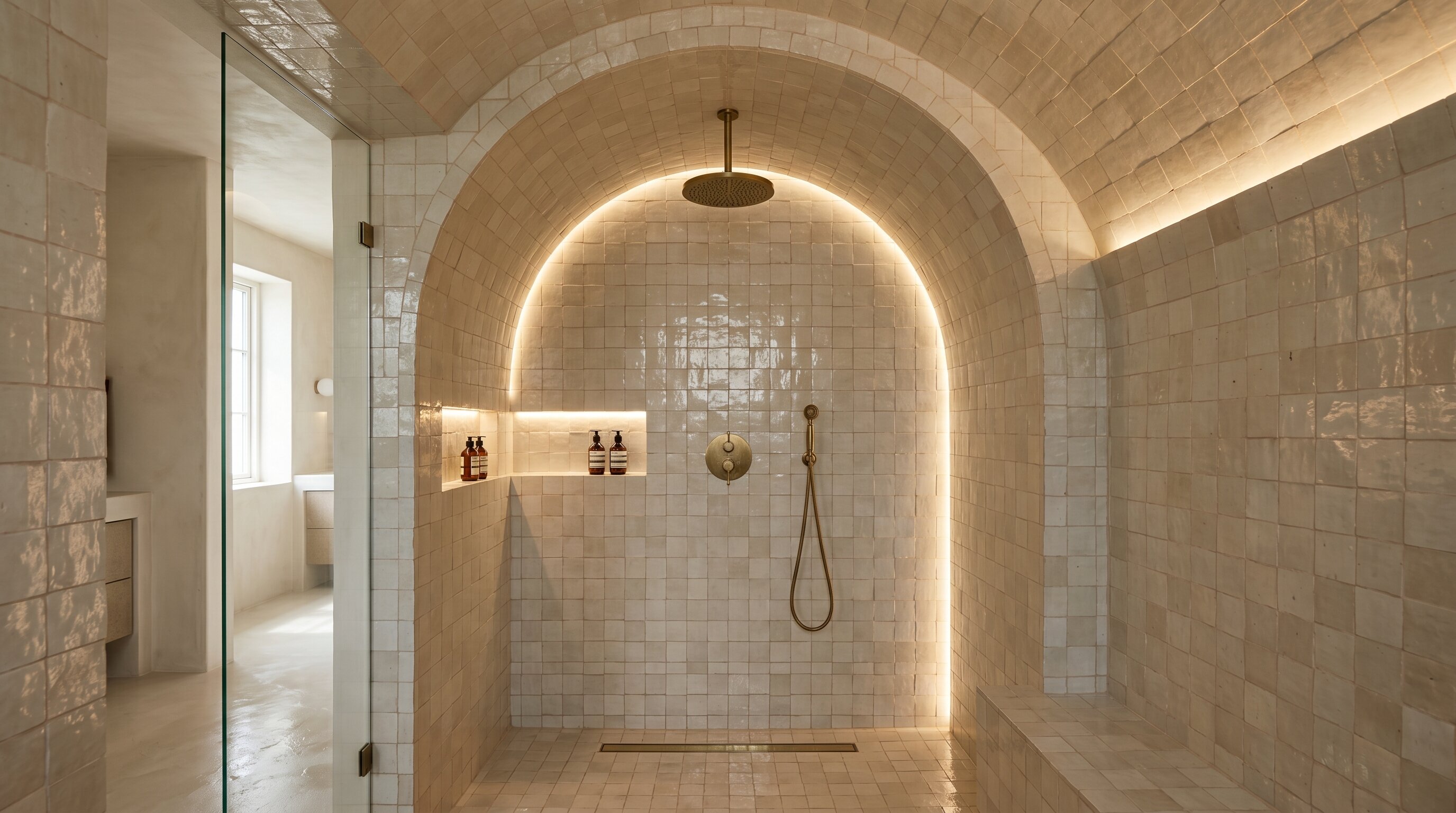 Walk-in shower with tiles extending from walls
