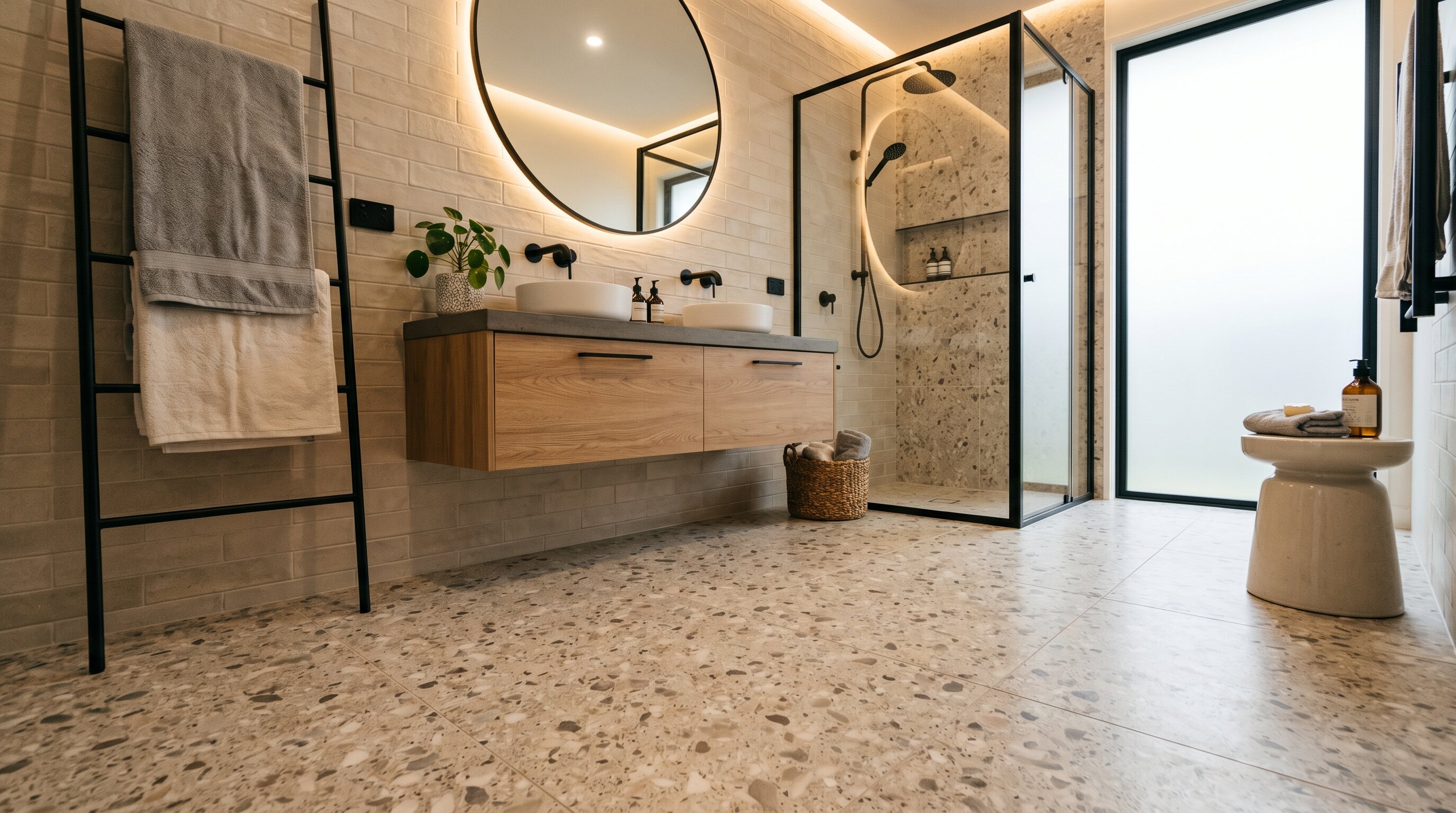 Stylish bathroom with terrazzo floor tiles