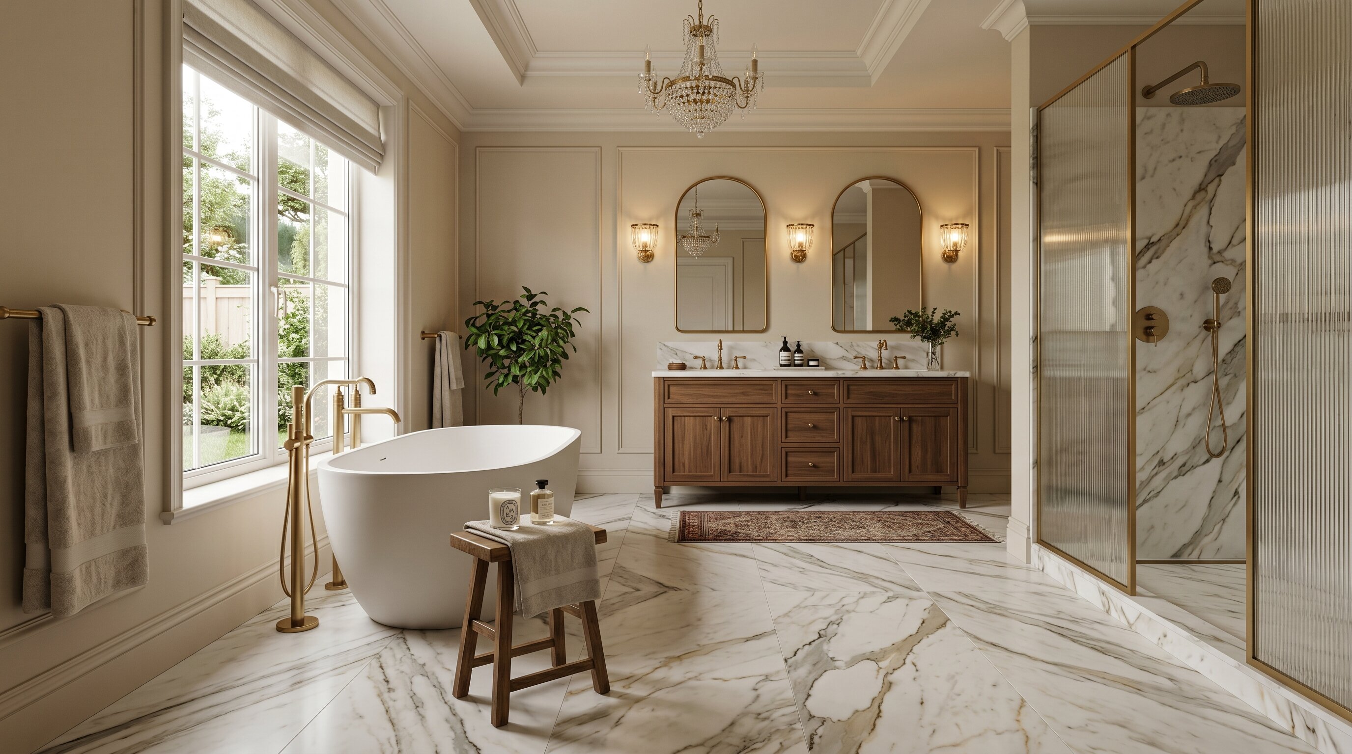 Luxury bathroom with honed marble floor tiles