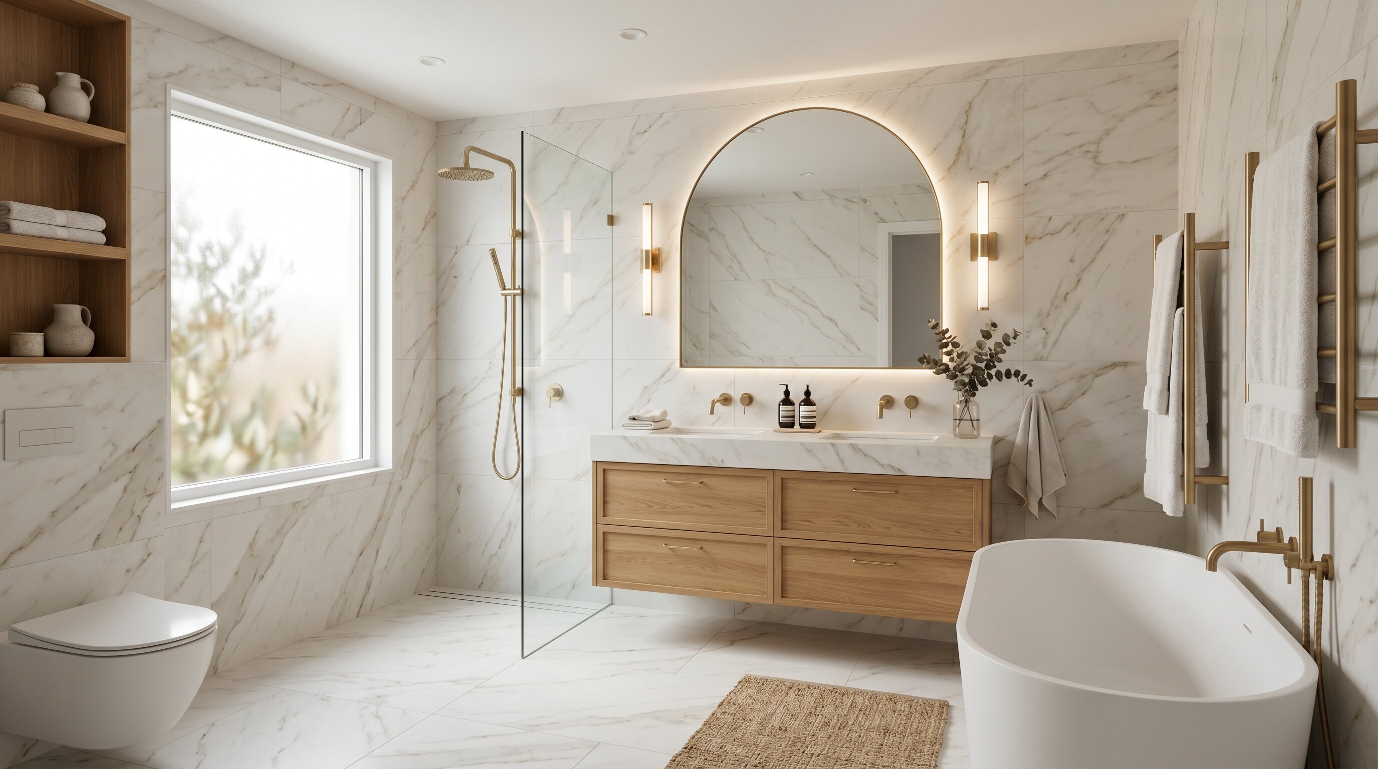 Contemporary bathroom using marble-look porcelain tile