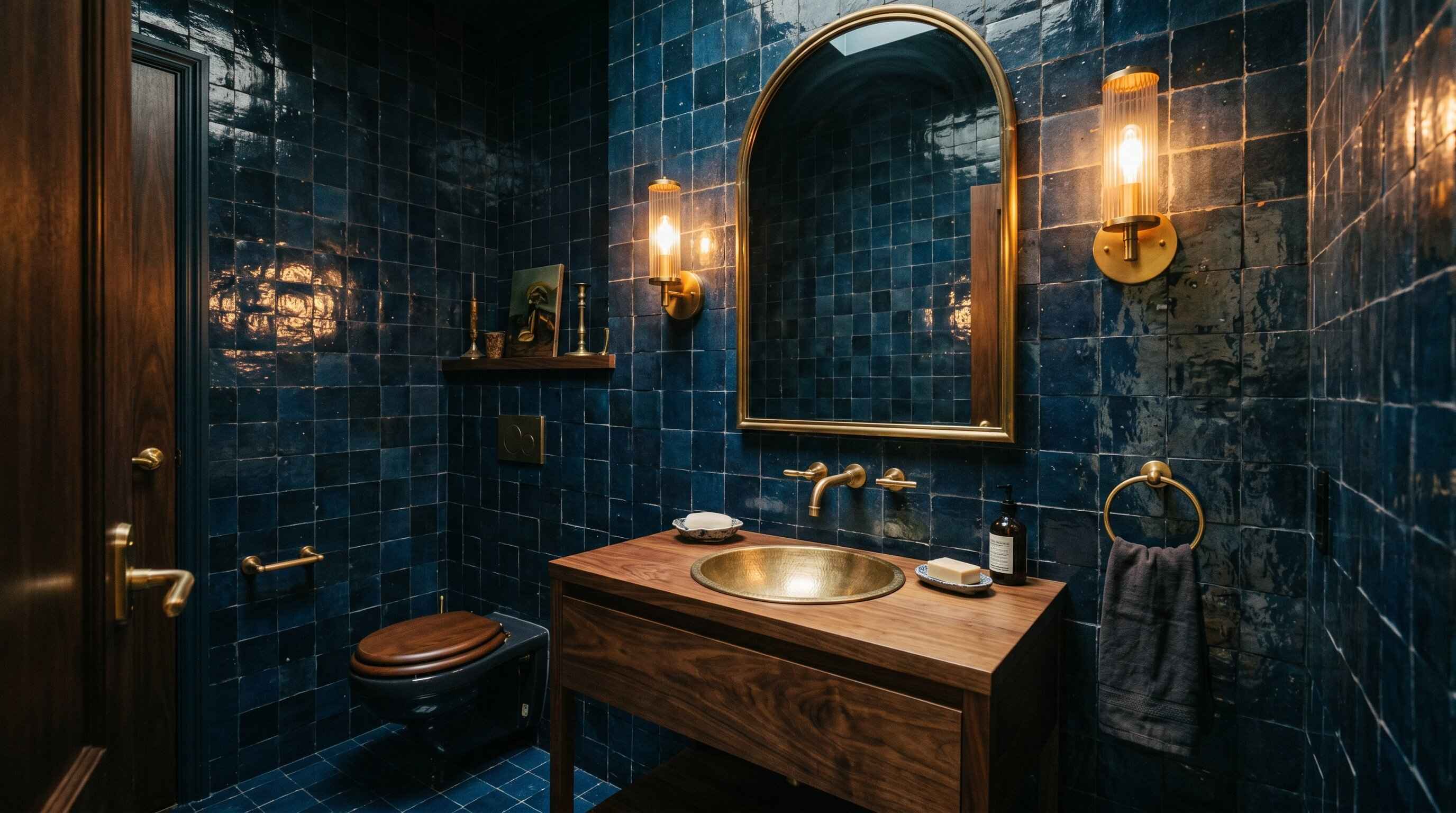 Powder room covered in Zellige tile