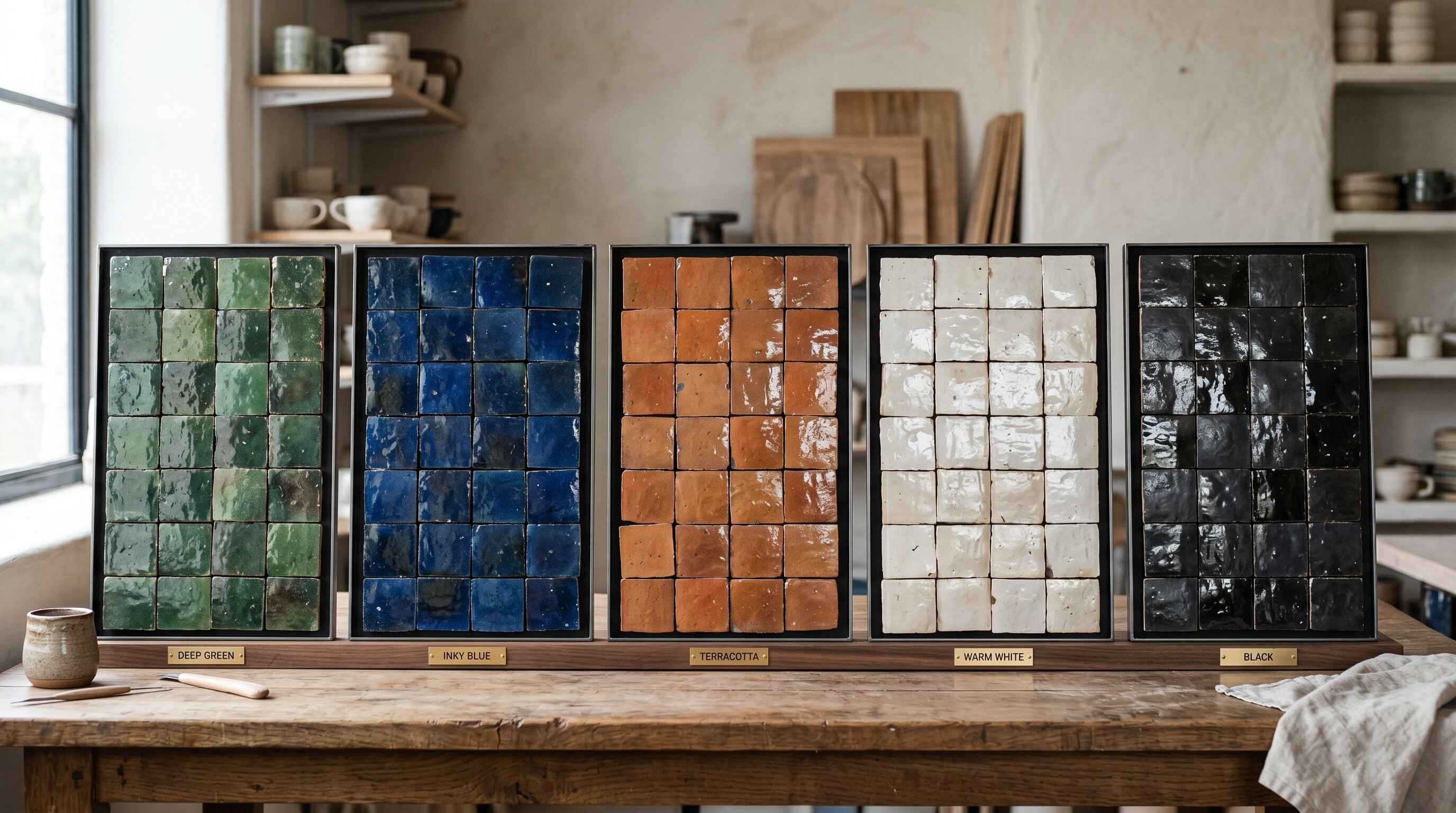 Display of zellige tiles in trending 2026 colors