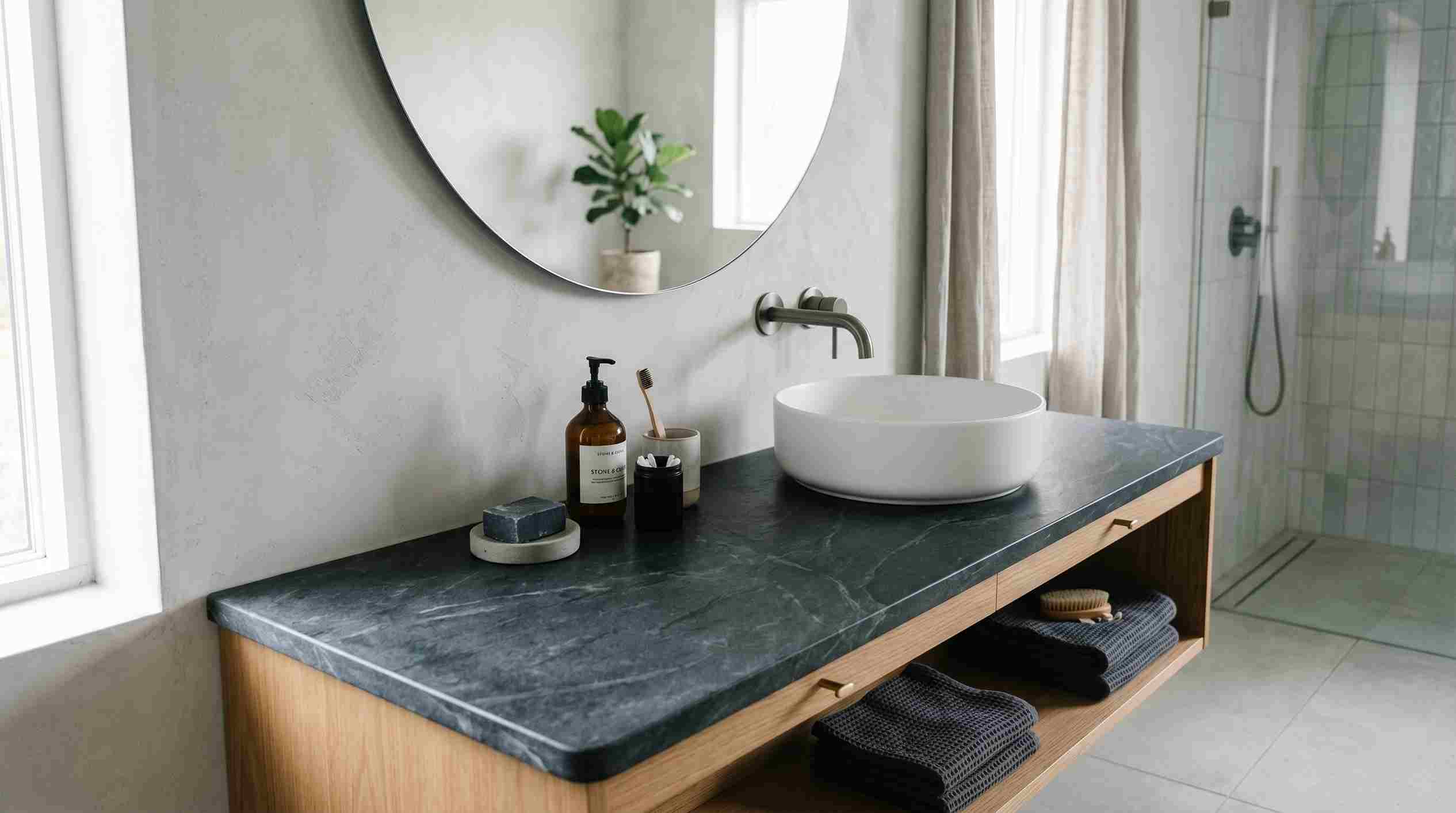 Dark soapstone bathroom countertop 