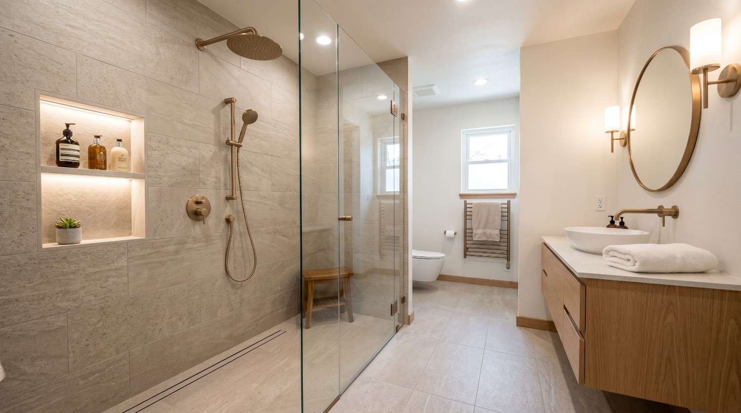 Contemporary bathroom renovation with frameless showers