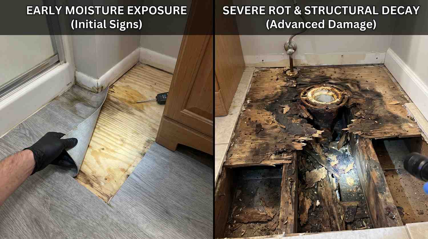 Side-by-side comparison of bathroom subfloor