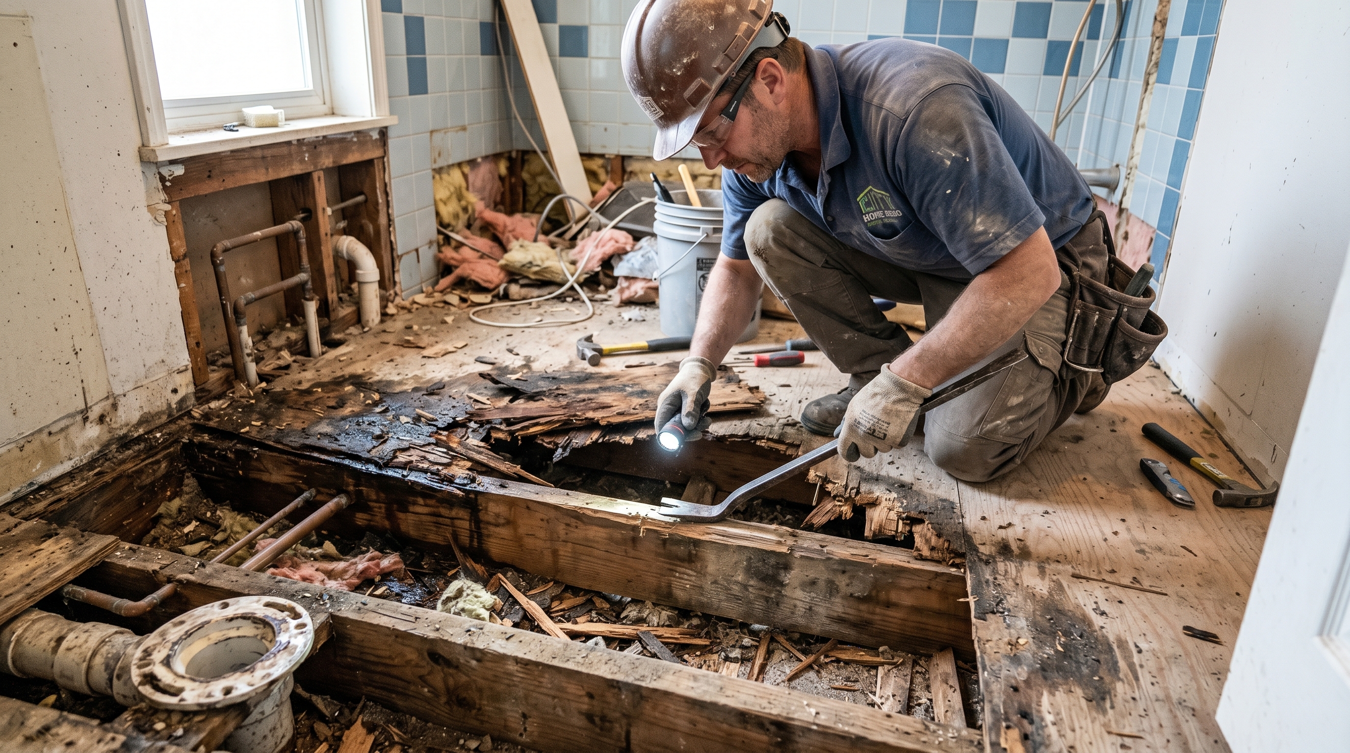 Construction worker removing rotten floor