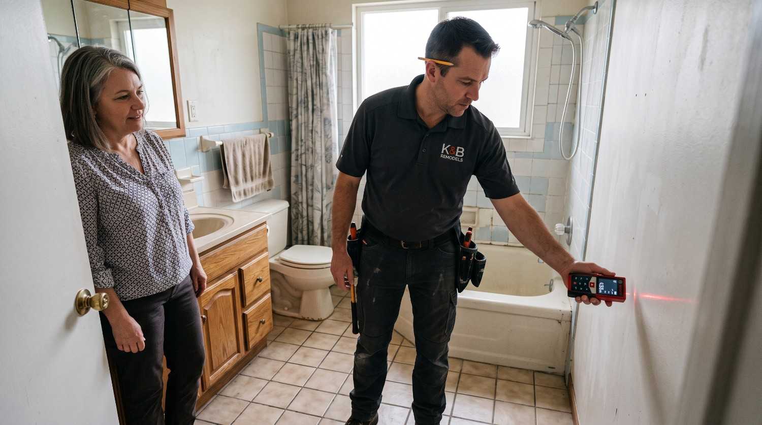 Contractor measuring bathroom