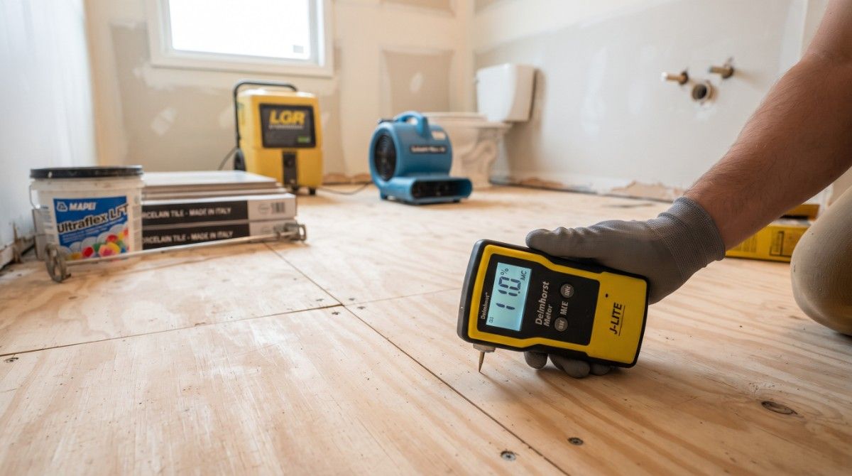 Contractor checking subfloor moisture