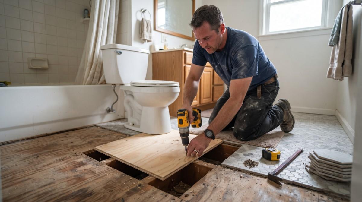 Contractor repairing bathroom