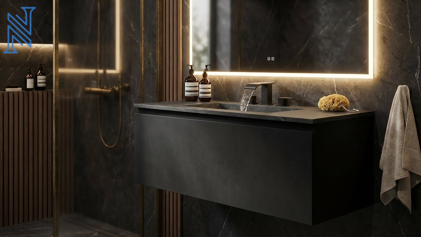 Dark Modern Bathroom Vanity Design with LED Mirror