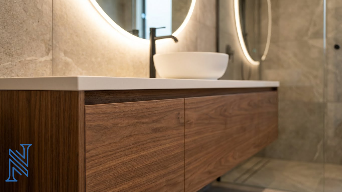Modern Wooden Bathroom Vanity with Round Mirror